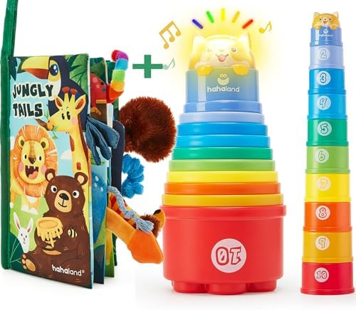 hahaland Baby Sensory Book & 10 Pcs Baby Stacking Cups