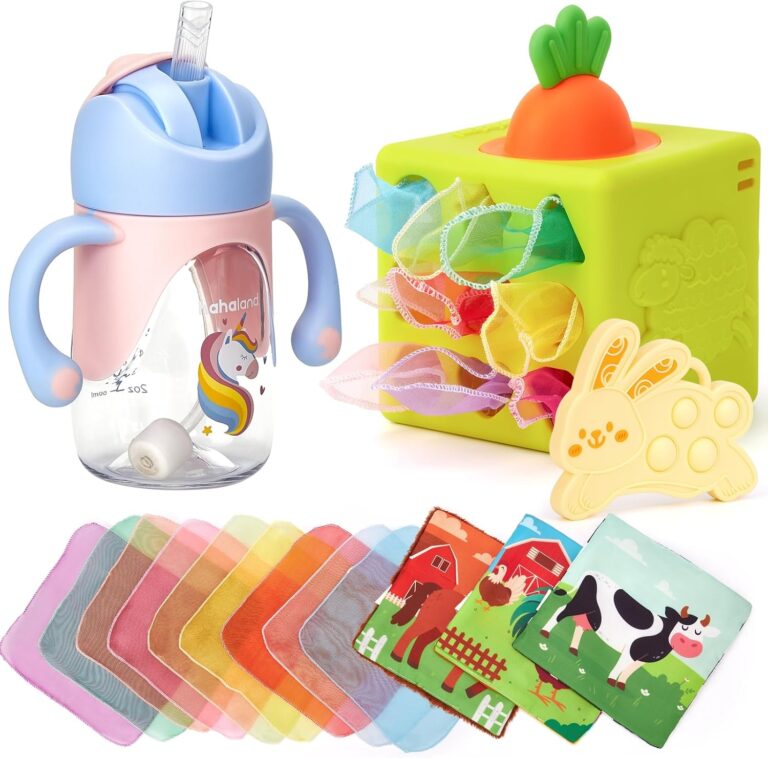 hahaland Sippy Cups for 6-12 Months - 2 in 1 Spout & Straw Unicorns Sippy Cups for Toddlers 1-3 and Baby Tissue Box Toy - Silicone Montessori Baby Toys 6-12 Months