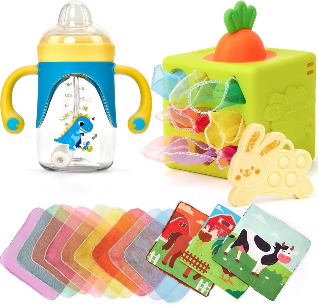 hahaland Sippy Cup for 6+ Month Old - 2 in 1 Spout & Straw Sippy Cups for Toddlers 1-3 and Baby Tissue Box Toy - Silicone Baby Toys 6-12 Months Montessori Toy for 6 Month Old