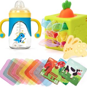 hahaland Sippy Cup for 6+ Month Old - 2 in 1 Spout & Straw Sippy Cups for Toddlers 1-3 and Baby Tissue Box Toy - Silicone Baby Toys 6-12 Months Montessori Toy for 6 Month Old