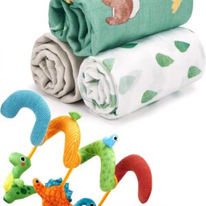 hahaland Car Seat Toy and Muslin Bamboo Swaddle Blankets - Newborn Boy Gifts Essentials