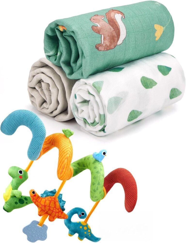hahaland Car Seat Toy and Muslin Bamboo Swaddle Blankets - Newborn Boy Gifts Essentials