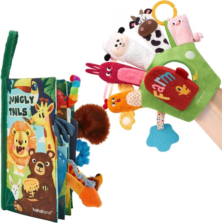 hahaland Baby Sensory Toys 0-12 Months, Baby Books 0-6 Months & Montessori Farm Animal Hand Puppets with Rattle
