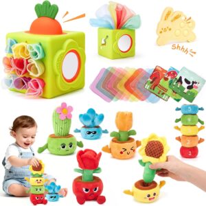 hahaland Montessori Baby Toys Bundle for 6–18 Months – Silicone Activity Tissue Box Cube & Plush Garden Stacking Toy, Fine Motor, Sensory & Early Learning Gifts for Boys & Girls