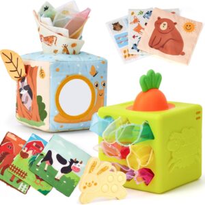 hahaland Baby Tissue Box Toy - Baby Toys 6-12 Months Montessori Toys with Scarves, Crinkle, Textures, Mirror - Gifts for Babies