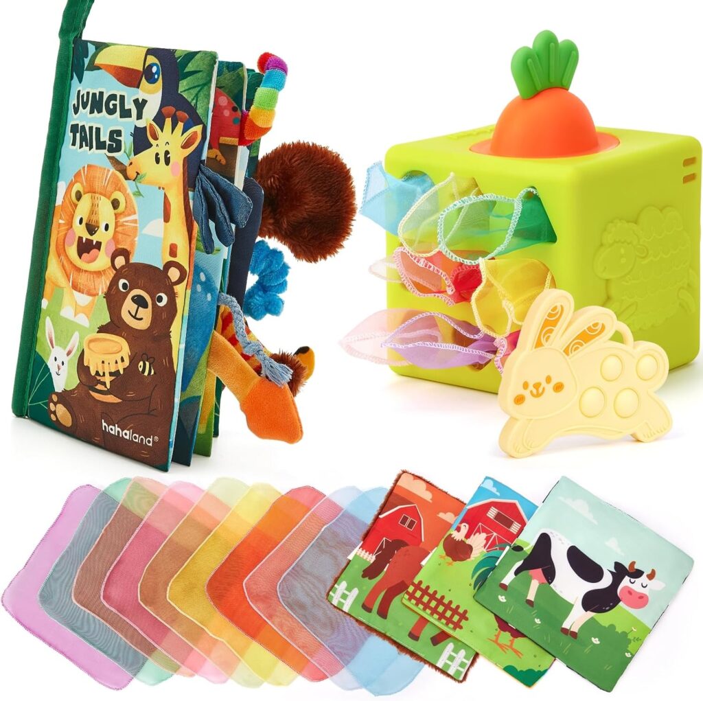 hahaland Baby Books 0-6 Months and Tissue Box Toy 6-12 Months, Babies Travel Toy Gifts for Boy Girl, Baby Shower Birthday Gifts