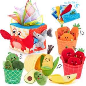 hahaland Baby Tissue Box Toy and Baby Sensory Toys - 16 PCS My First Fruit Vegetable Color Sorting Play Food, Montessori Toys for Babies 6-12 Months