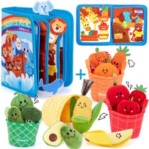 hahaland Baby Sensory Toys - 16 PCS My First Fruit Vegetable Color Sorting Play Food and Noah's Ark Toy Busy Book for Toddlers 1-3 - Baptism Gifts for Boys