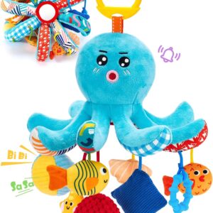 hahaland Baby Toys 0-6 Months Car Seat Toy Octopus Plush with Pulling Cords