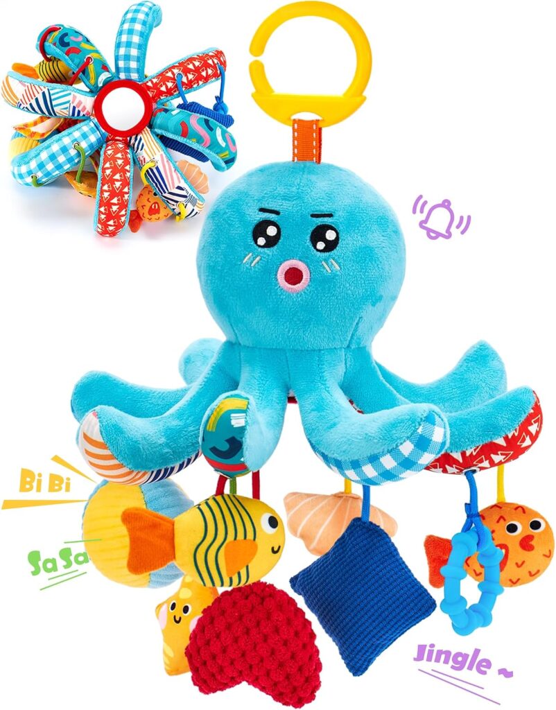hahaland Baby Toys 0-6 Months Car Seat Toy Octopus Plush with Pulling Cords