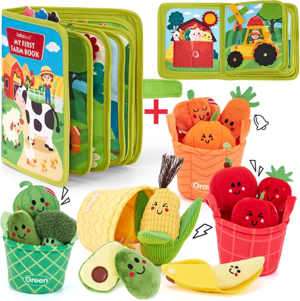 hahaland Busy Book for Toddlers 1-3 and Baby Sensory Toys - 16 PCS My First Fruit Vegetable Color Sorting Play Food