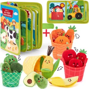 hahaland Busy Book for Toddlers 1-3 and Baby Sensory Toys - 16 PCS My First Fruit Vegetable Color Sorting Play Food