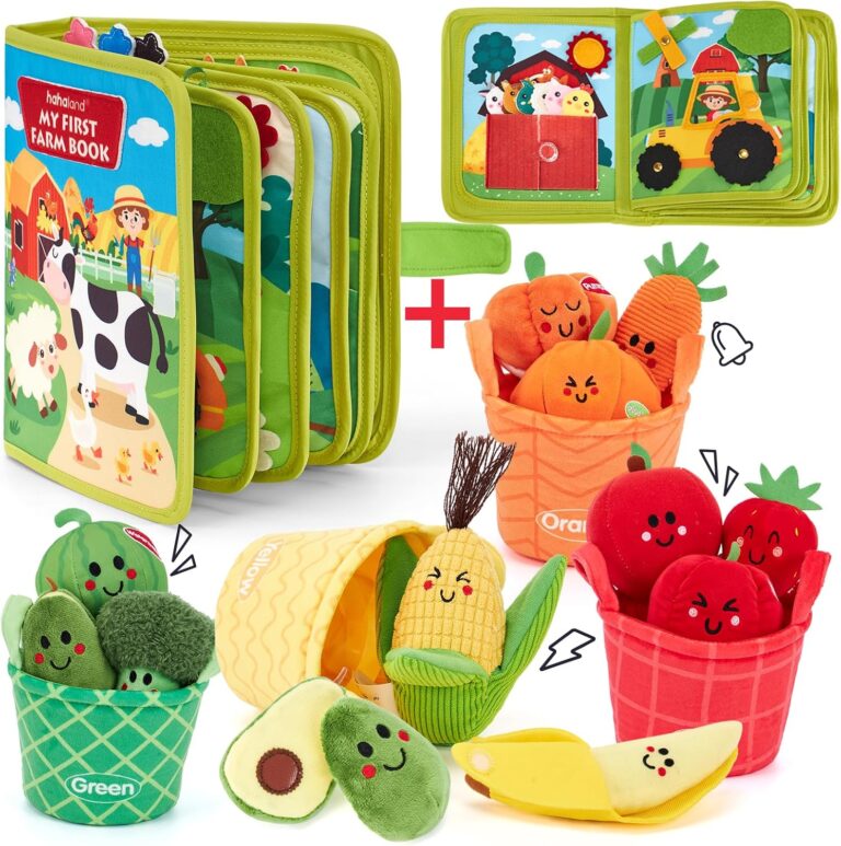 hahaland Busy Book for Toddlers 1-3 and Baby Sensory Toys - 16 PCS My First Fruit Vegetable Color Sorting Play Food