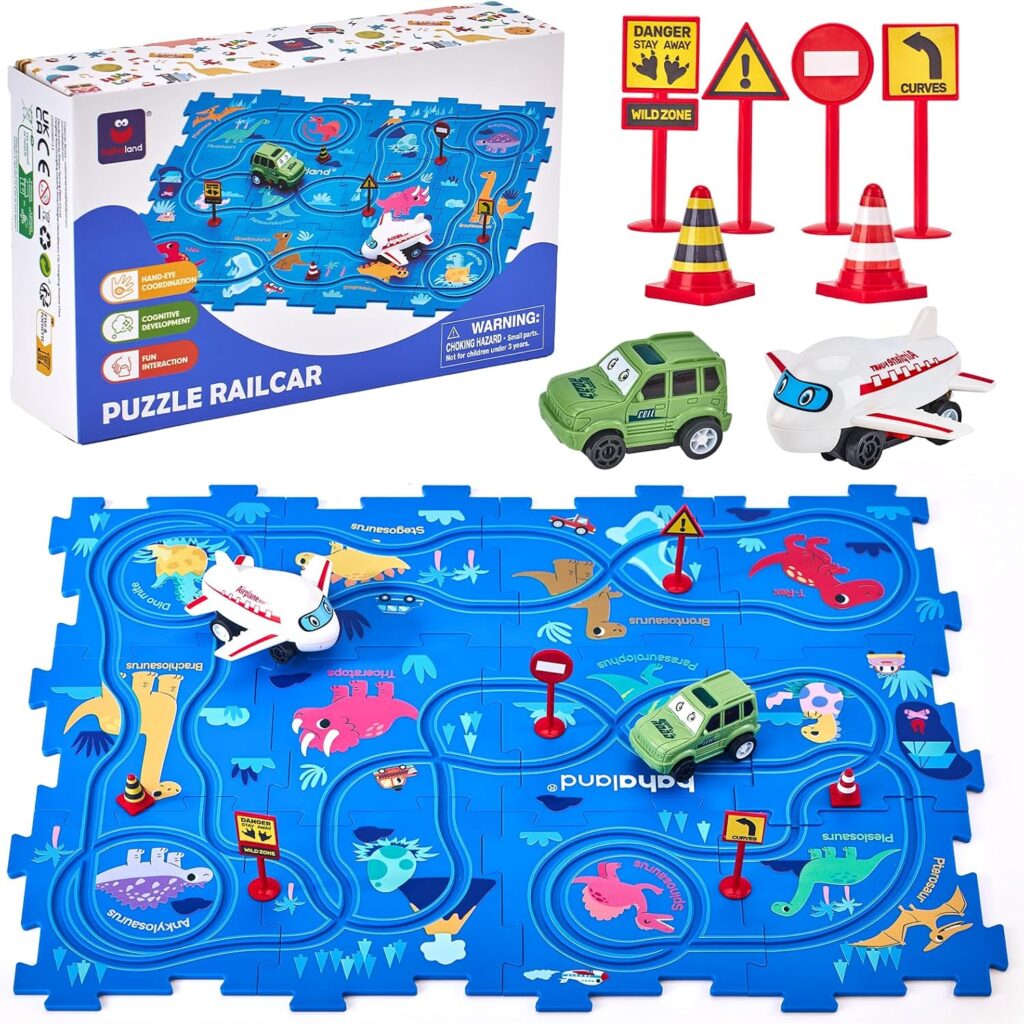 hahaland Dinosaur Puzzle Racer Car Track Set for 3+ Year Old Boys,
