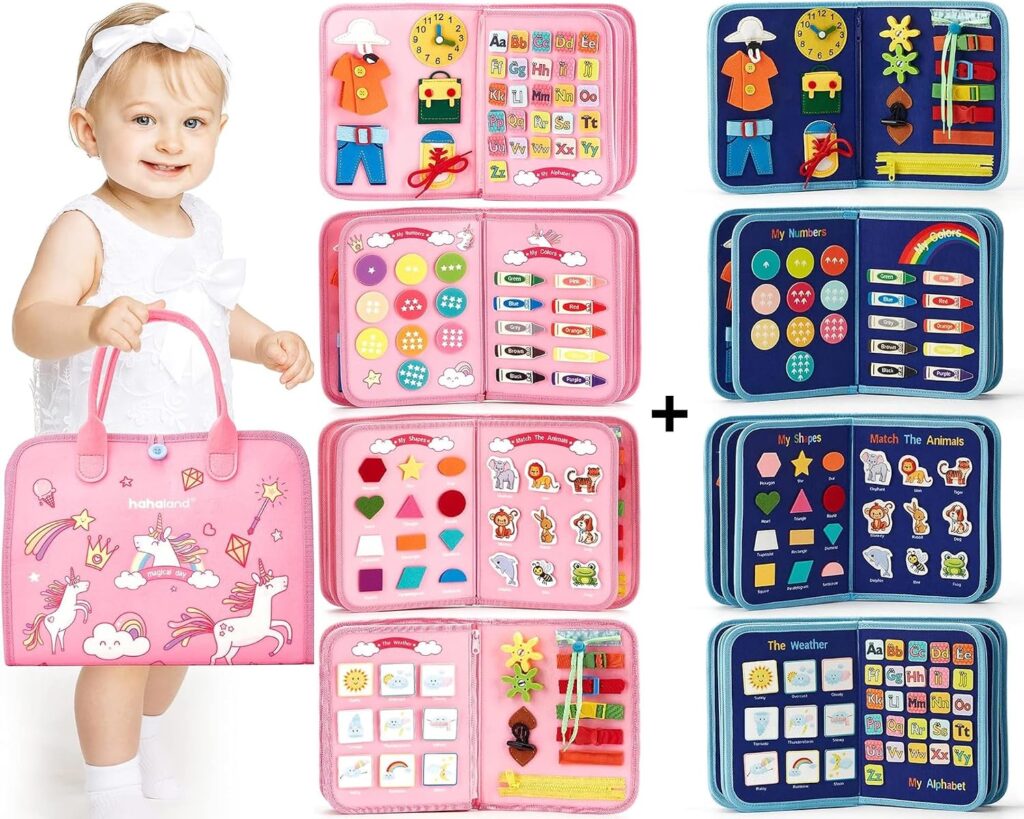 hahaland Busy Board for Toddler Girls and Boys - 2 PCS Busy Books with Unicorn and Dinosaur