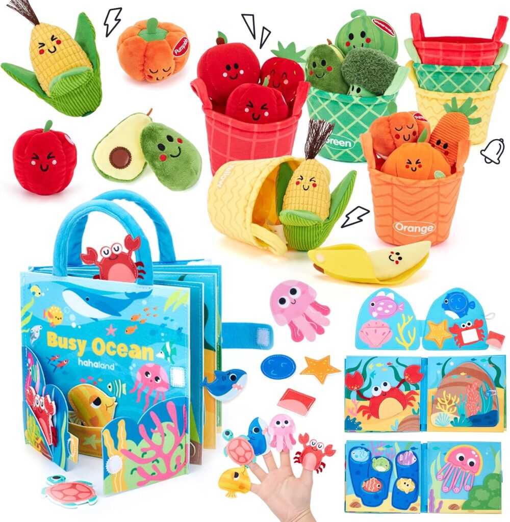 hahaland Ocean Busy Book + Plush Fruits & Veggies Sensory Toy – Montessori Bundle for Toddlers
