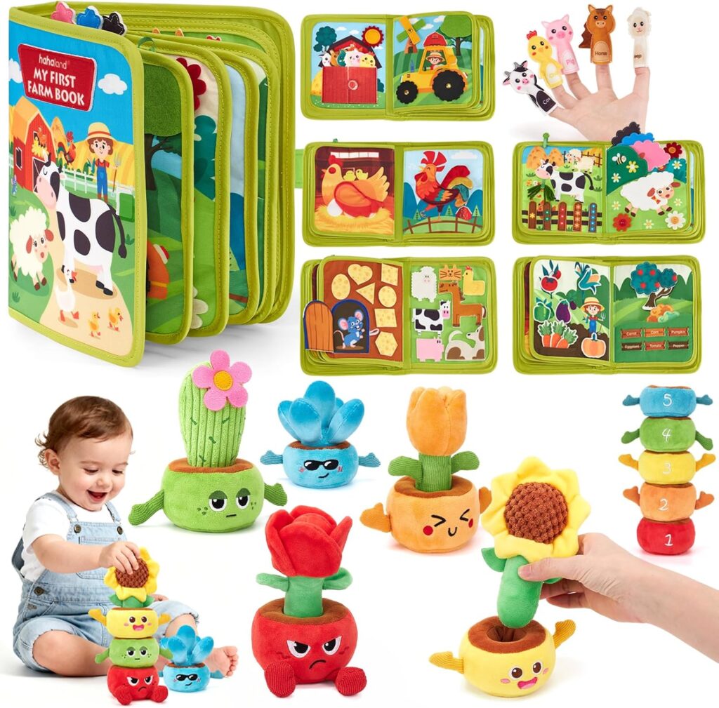 hahaland Montessori Toddler Learning Toys Bundle for 1–3 Year Olds – Busy Book Quiet Activity Board & Plant Plush Garden Stacking Toy, Fine Motor & Educational Gifts for Boys & Girls