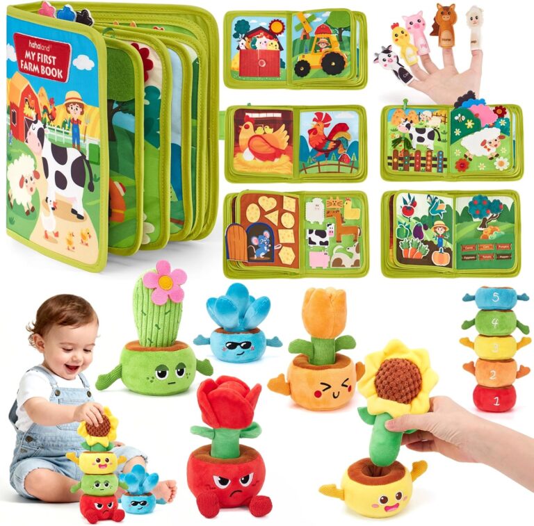 hahaland Montessori Toddler Learning Toys Bundle for 1–3 Year Olds – Busy Book Quiet Activity Board & Plant Plush Garden Stacking Toy, Fine Motor & Educational Gifts for Boys & Girls