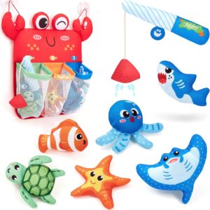 hahaland Bath Toys Kids Ages 1-3 Magnetic Fishing Toys & Color Sorting Mesh