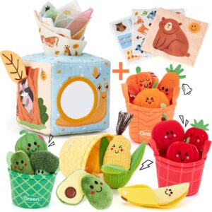 hahaland Baby Tissue Box Toy and Sensory Toys - 16 PCS My First Fruit Vegetable Color Sorting Play Food, Baby Toys 6-12 Months Montessori Toys for 6 Month Old, Boy Girl Shower Gifts for Babies