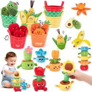 Hahaland Montessori Sensory Toys Bundle for Babies & Toddlers 6–18 Months – Fruit & Vegetable Color Sorting Play Food with Plush Garden Stacking Toy, Fine Motor & Early Learning Gifts for Boys & Girls