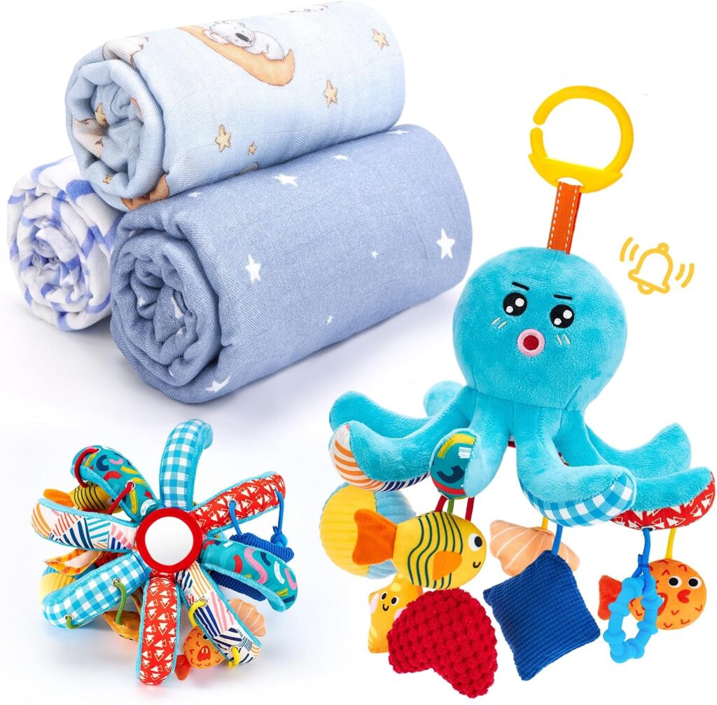hahaland Hanging Toy for Newborn Baby and Bamboo Swaddle Blankets - Baby Boy Gifts Essentials
