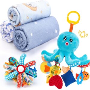 hahaland Hanging Toy for Newborn Baby and Bamboo Swaddle Blankets - Baby Boy Gifts Essentials